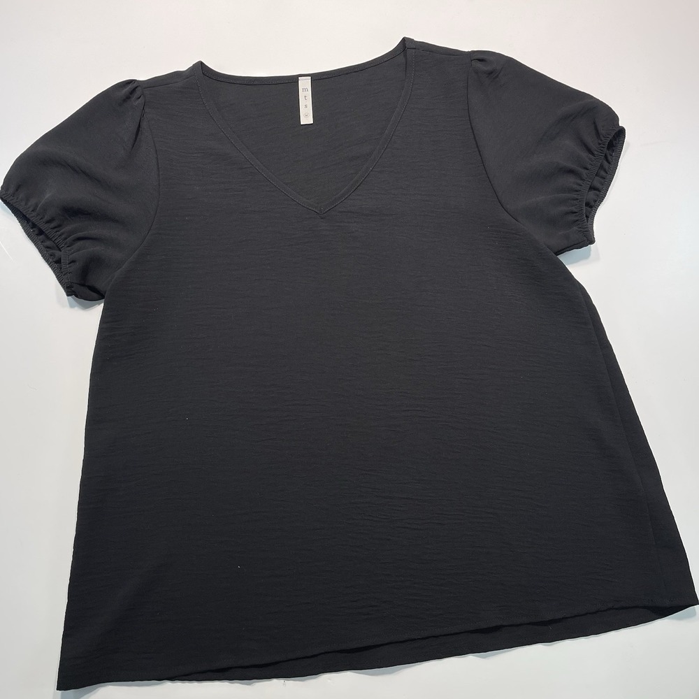Women's Black V Neck Short Puff Sleeve Blouse Top Size Medium